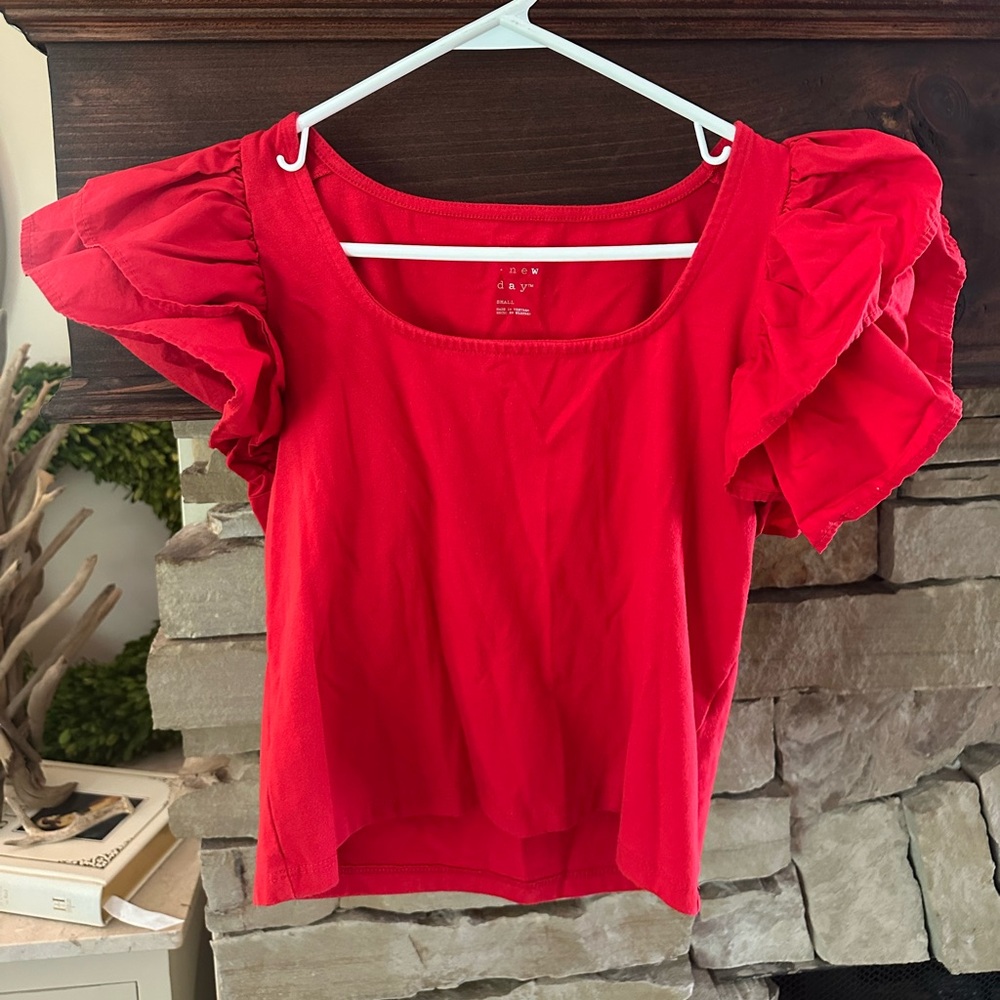 A New Day Red Flutter Sleeve Ruffled Blouse